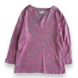 90s～00s LANCEL ランセル 七分丈 キーネック 総柄 Tシャツ 花柄 フラワー 柄 トップス カットソー レトロ 古着 M ピンク