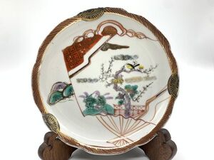 【伊万里】明治後期～　金彩『扇に松梅鶯図の膾皿』　19cm　カケ無し　骨董陶器　時代物　　N0705G