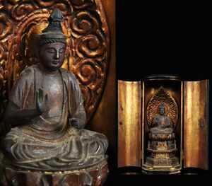 時代仏教美術 木彫 観音菩薩坐像 22.5㎝ 黒漆塗厨子 寺院収蔵品[65232qu]