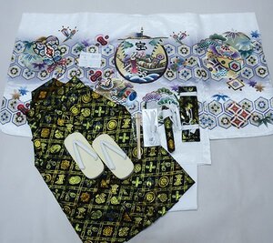 七五三 五歳 男児 羽織袴フルセット 着物 L寸 金刺繍 豪華絢爛 綸子地 白地 宝船 袴変更可能 祝着 新品（株）安田屋 NO38717