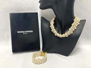 12f03◆SONIA RYKIEL ソニアリキエル アクセサリー おまとめ 2点 チョーカー ブレスレット フェイクパール ゴールド金具 保存箱付き◆