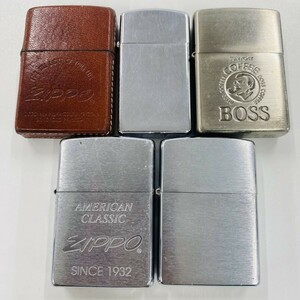 Y137-611 ■▲ zippo ジッポ オイルライター 5点まとめ ボス 無地 アメリカンクラシック レザーカバー シルバー ブラウン 喫煙具 ライター