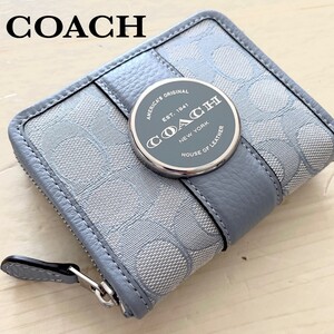  二つ折り財布 ミニ財布 ブルー レディース コーチ COACH 新品 ロゴ 財布 シグネチャー サイフ レザー ブランド 小銭入コインケース カード