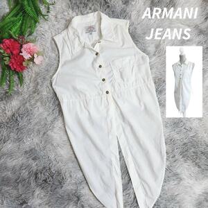 ARMANI JEANS 変形デザイン・ノースリーブ・ロゴ刺繍シャツ 表記サイズM Y2K ヘム オフホワイトと白の中間くらい 68049