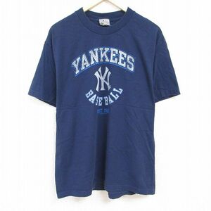 XL/古着 半袖 Tシャツ メンズ MLB ニューヨークヤンキース コットン クルーネック 紺 ネイビー メジャーリーグ ベースボール 野球 24mar29