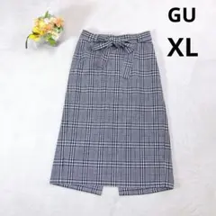 GU✨チェック柄タイトスカート (XL) ミモレ丈 ウエストリボン 大きめ