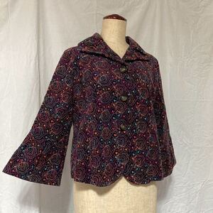 コーディロイ　総刺繍　ベルスリーブジャケット corduroy geometric floral enbroidery bell sleeve jacket purple サイケ　レトロ