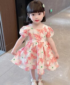 LHK1363★キッズ　ワンピース　子供　女の子　ガールズ　花柄　ドレス　かわいい　半袖　リボン　80-130㎝