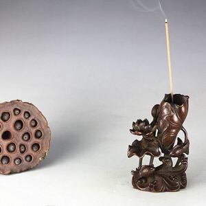 極美古銅煎茶道具 質感細工 金魚蓮花銅香器置物 上品、心癒し