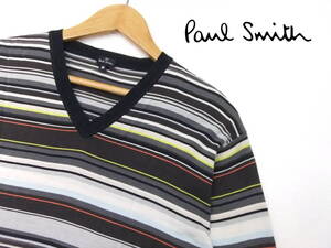 ■Paul Smith■長袖シルクシャツ マルチボーダー柄 Mサイズ 絹 Vネック Tシャツ ロンT カットソー ポールスミス