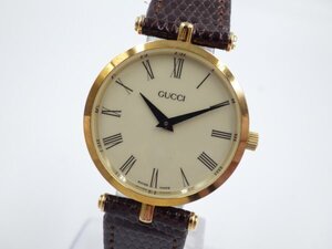 352590【1円スタート】Gucci グッチ 稼動品 アイボリー文字盤 GP ゴールドメッキ リザード革ベルト メンズ 時計 クオーツ ケース30ｍｍ