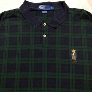 90s POLO Ralph Lauren BEAR ブラックウォッチ柄 長袖 ポロシャツ ワンポイント ポロベア 90年代 旧タグ ポロ ラルフローレン XXL