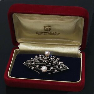 DKG★ 美品 MIKIMOTO ミキモト K14WG ダイヤ パール 帯留め ブローチ　K14 WG アコヤ真珠 ダイヤモンド 帯留 パールブローチ