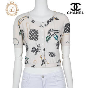 【返品可】CHANEL シャネル ココボタン 総柄 クロップド丈 トップス ココマーク リボン Tシャツ 半袖 カットソー 白 ブランド アパレル