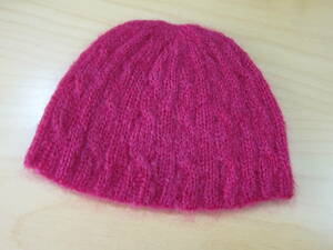 ハンドメイド手編み/メリノウールモヘアケーブル編み帽子ニット帽濃いピンク
