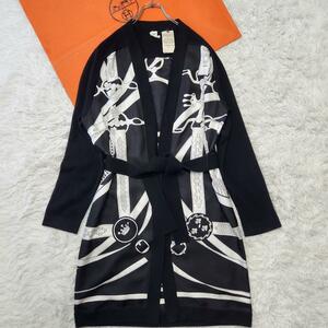 1円【極美品 希少】エルメス HERMES ロングカーディガン ツイルレーヌ スカーフ柄 ベルト イタリア製 レディース 黒 34 M～L シルク ウール