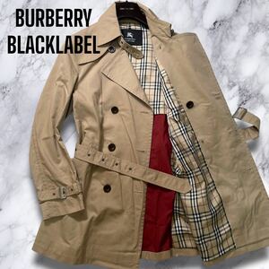 美品◎バーバリーブラックレーベル トレンチコート ノバチェック ベルト ダブル ベージュ ホースロゴ BURBERRY BLACKLABEL メンズ M