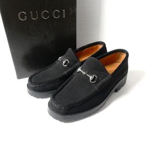 美品 GUCCI グッチ サイズ34.5 約21.5㎝ スエード ホースビット ローファー 革靴 ビジネスシューズ 黒 ブラック