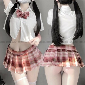 学生服 女子高生 JC JK セクシー 女子制服 セーラー服 コスチューム コスプレ衣装 撮影 配信 チェック柄 スカート 3点セット ローズ 1843b