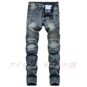 ☆新品バイクパンツ メンズ ジーンズ デニムパンツ ロングパンツ ジーパン ボトムス ビンテージ加工 お兄系 レトロ 緑