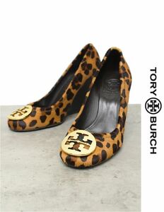 HGA-X090/美品 TORY BURCH パンプス ハラコ 総柄 レオパード ヒョウ柄 ウェッジソール ロゴプレート 金具 6 1/2M 23.5cm ブラウン