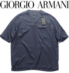 春夏物148,000円新品GIORGIO ARMANI★生地の上質感だけでお洒落を表現できる、テロテロ系Vネック紺Tシャツ【欧米M＝日本M～L】