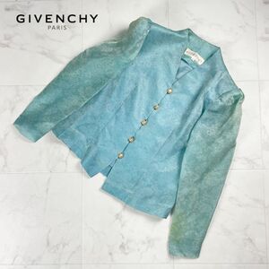 GIVENCHY ジバンシィ シルク100% 花柄 袖シースルー ノーカラージャケット トップス レディース 水色 ライトブルー サイズ14*PC464