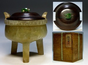 【夢たま】伝世のウブ品！中国古玩　唐木蓋　トルコ石　摘み　玉石　碧玉石　三足　時代香炉/香道具・青玉・翡翠・白玉・天然玉☆