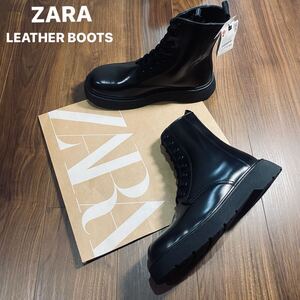 新品 ZARA 本革 厚底レザーブーツ 28.5cm 44 メンズ ザラ ブーツ シューズ チャンキーソール 8ホール 脚長 タグ付き 2017/920/040