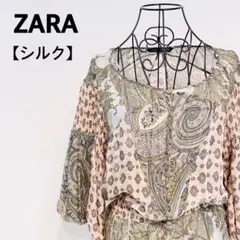 【美品】ZARA シルク100% べイズリー 7分袖シャーリングブラウス シャツ