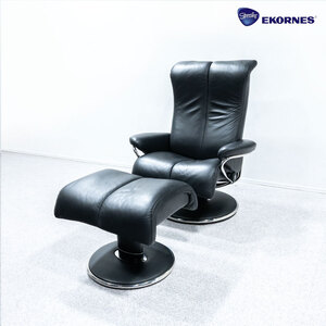 【中古品】Ekornes エコーネス Stressless Blues ストレスレス ブルース ミディアム リクライニング チェア オットマン付 レザー 定価57万