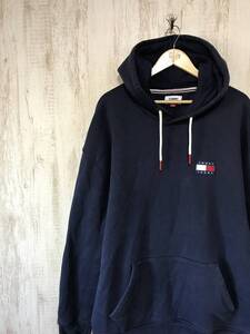 340☆【ワンポイントロゴ スウェットパーカー】TOMMY JEANS トミーヒルフィガー 紺 XL