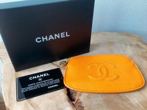 【CHANEL】シャネル　ココマーク　キャビアスキン　キーリング付　ミニポーチ　コインケース　キーケース　オレンジ　ヴィンテージ　正規品