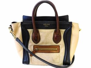 セリーヌ 2WAY ショルダーバッグ ■ ラゲージ ナノ ショッパー キャンバス レザー ベージュ ブラック ハンドバッグ CELINE □ 5K6DS