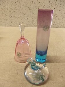 0440495w【北一硝子 KITAICHI GLASS 小物3点】中古品/ハンドベル/一輪挿し/ペーパーウェイト