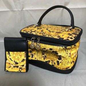 GIANNI VERSACE ジャンニ ヴェルサーチ PVC×レザー ハンドバッグ バニティバッグ メイクポーチ ミニポーチ付　劣化汚れ傷あり