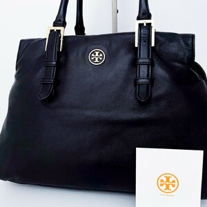 1円〜■超美品■Tory Burch トリーバーチ ミラー付き 鏡 ロゴ トートバッグ ビジネス 大容量 A4 レディース メンズ レザー ブラック 黒