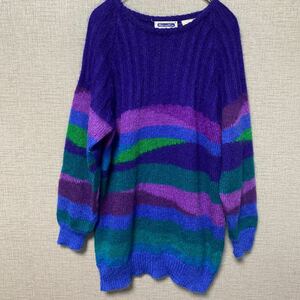 80s 90s モヘア mohair ウール ニット セーター USA ビンテージ ヴィンテージ アメリカ 古着 デザイン マルチカラー ボーダー 毛足長め