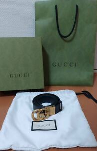 【美品】ほぼ未使用　GUCCI グッチ　グッチベルト　型番643847 GG柄 レザー ゴールド金具　メンズベルト ブラウン系 箱・袋あり