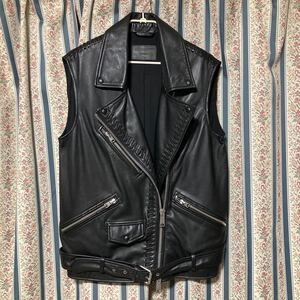 ALLSAINTS オールセインツ ラムレザー オーバーサイズ ノースリーブ ダブルライダース ベスト ジレ 袖なし 羊革 フリンジ レースアップ 黒