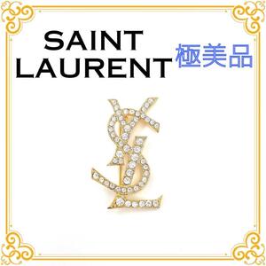 YVES SAINT LAURENT イヴサンローラン YSL ロゴ ラインストーン ブローチ レディース ゴールド アクセサリー 美品 小物 コサージュ