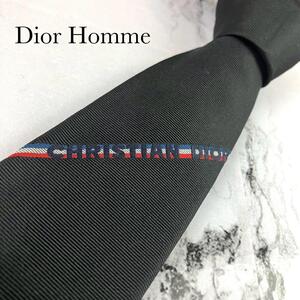 Dior Homme　ディオールオム　ネクタイ　ロゴ　ワンポイント刺繍　ソリッド　無地　トリコロール　ブラック　黒　シルク