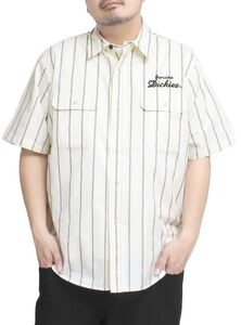 【新品】 L アイボリー ジェニュイン ディッキーズ(GENUINE DICKIES) 半袖シャツ メンズ 大きいサイズ チェック ストライプ 刺? ツイル ワ