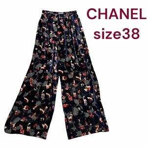 美品　シャネル　花柄　ベロア&シースルー　シルク混　パンツ　ズボン　38、M、9 CHANEL