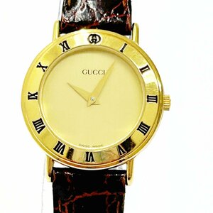 【1円スタート】【箱付き】GUCCI グッチ 3000.2.L GP×革ベルト ゴールド文字盤 クォーツ レディース腕時計 277039