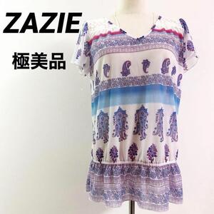 【極美品】ZAZIE ザジ　カットソー　半袖シャツ　花柄　ペイズリー柄　パープル