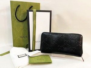 百貨店購入 GUCCI/グッチ GGエンボス ジップアラウンド オーガナイザー ラウンドファスナー財布 メンズ 長財布 ブラック 箱付属有り