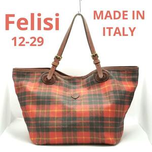 Felisi フェリージ トートバッグ 12/29 タータンチェック レッド×マルチカラー ショルダーバッグ 大容量 イタリア製 ナイロン レザー 革