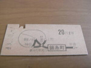 総武本線　錦糸町から20円2等　昭和43年10月1日　錦糸町駅発行　国鉄