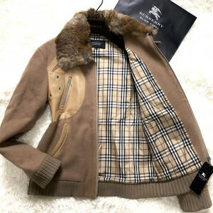 極美品羊革BURBERRY BLACKLABELラビットファーラムレザージャケットL~Mキャメルブラウンノバチェック柄ブラレバーバリーブラックレーベル